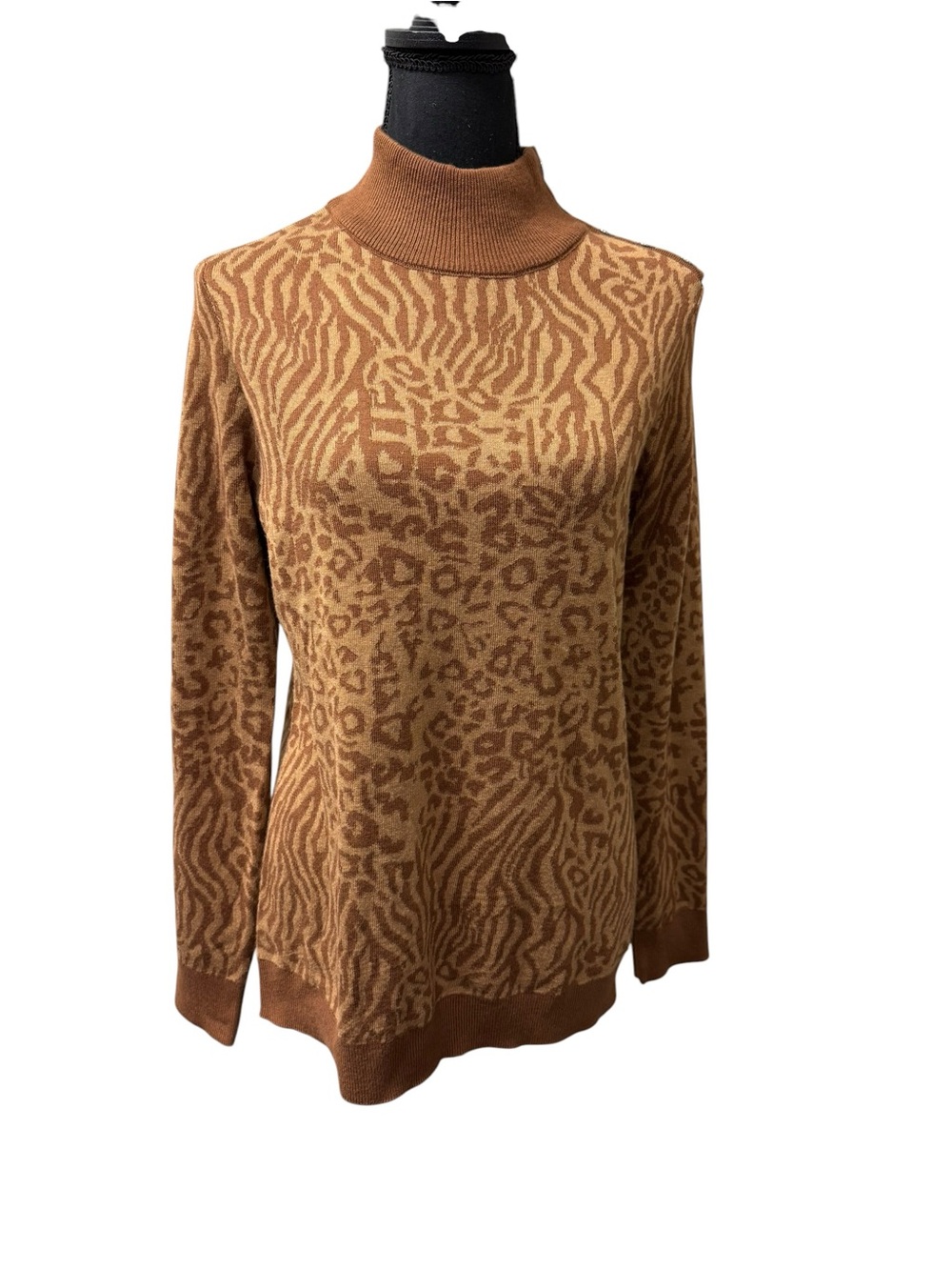 Calvin Klein Animal Print Turtleneck Sweater Brown Tan Long Sleeve Medium